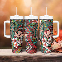 Personalised Hawaii Tribal Humpback Whale Tumbler With Handle Ulaula Hibiscus Seamless Pattern LT9 - Polynesian Pride