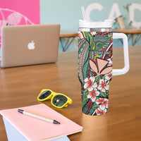 Personalised Hawaii Tribal Humpback Whale Tumbler With Handle Ulaula Hibiscus Seamless Pattern LT9 - Polynesian Pride