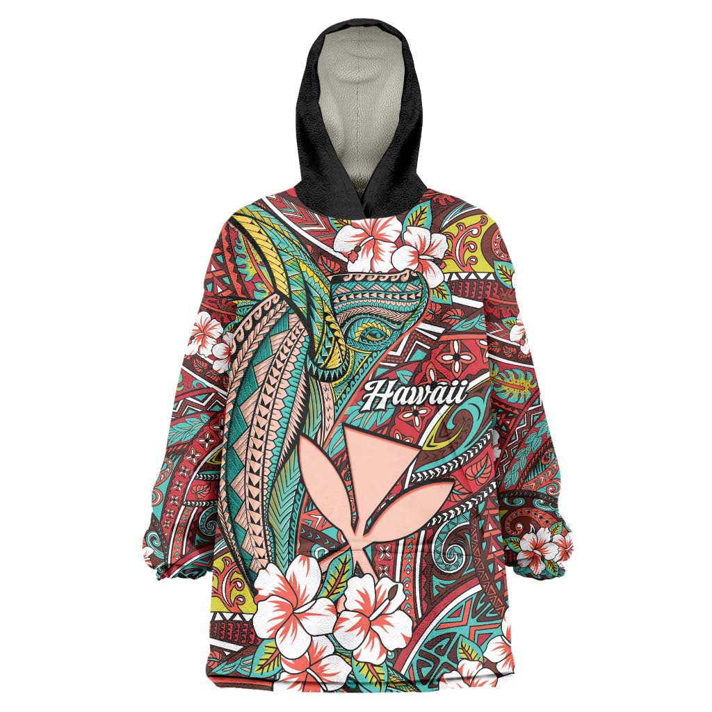 Personalised Hawaii Tribal Humpback Whale Wearable Blanket Hoodie Ulaula Hibiscus Seamless Pattern LT9 One Size Red - Polynesian Pride