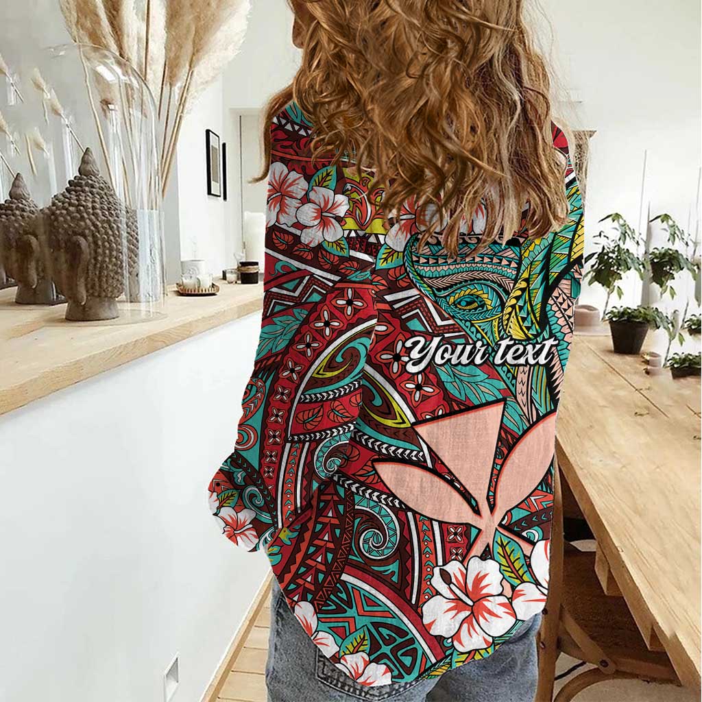 Personalised Hawaii Tribal Humpback Whale Women Casual Shirt Ulaula Hibiscus Seamless Pattern LT9 - Polynesian Pride