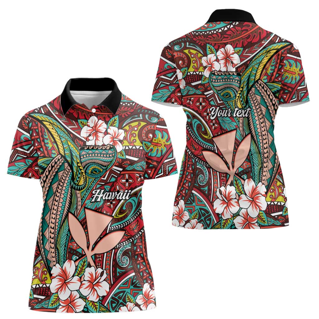 Personalised Hawaii Tribal Humpback Whale Women Polo Shirt Ulaula Hibiscus Seamless Pattern LT9 - Polynesian Pride