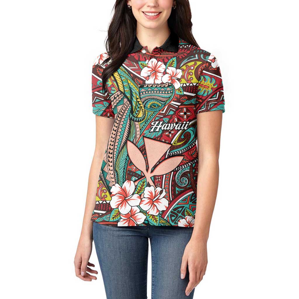 Personalised Hawaii Tribal Humpback Whale Women Polo Shirt Ulaula Hibiscus Seamless Pattern LT9 - Polynesian Pride