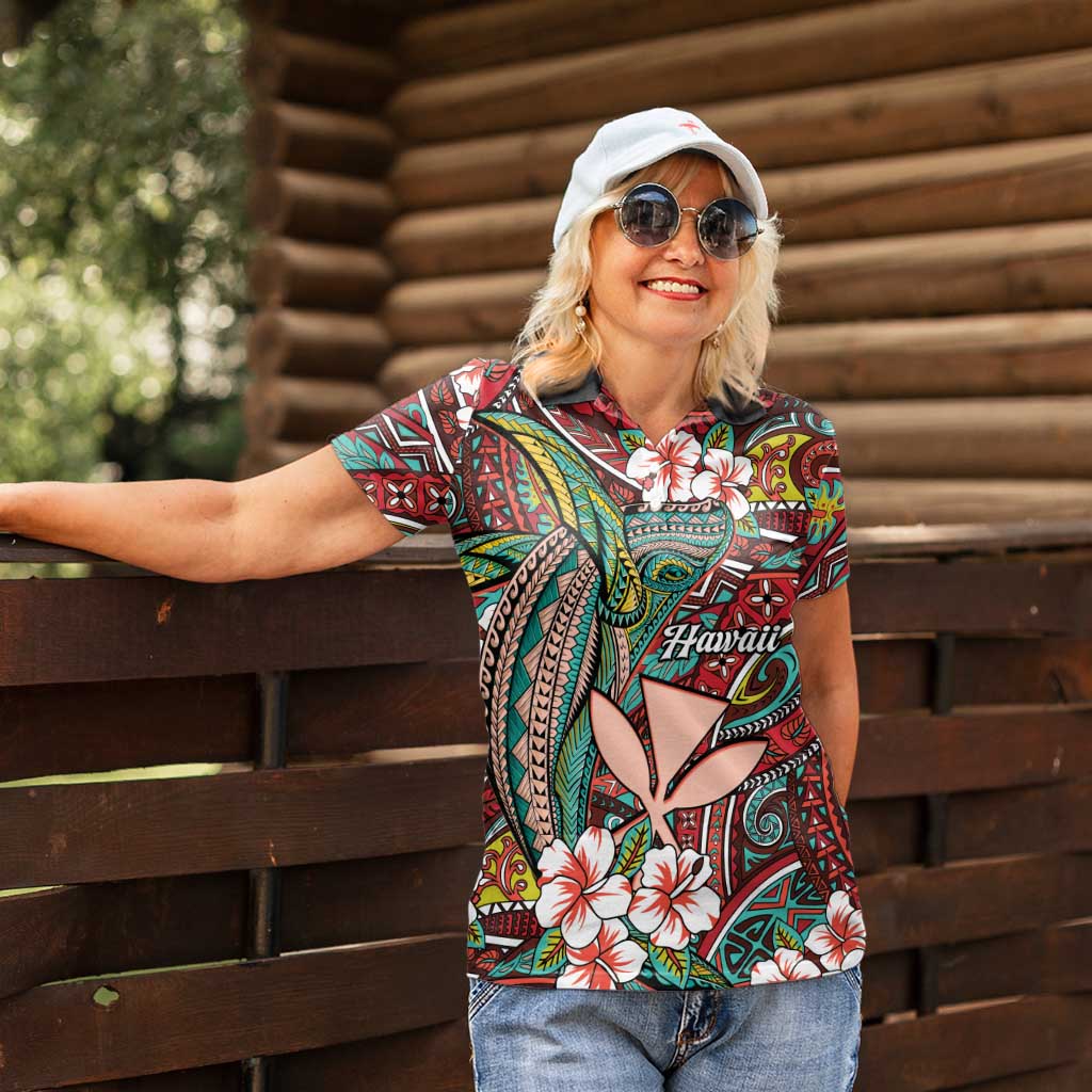 Personalised Hawaii Tribal Humpback Whale Women Polo Shirt Ulaula Hibiscus Seamless Pattern LT9 - Polynesian Pride