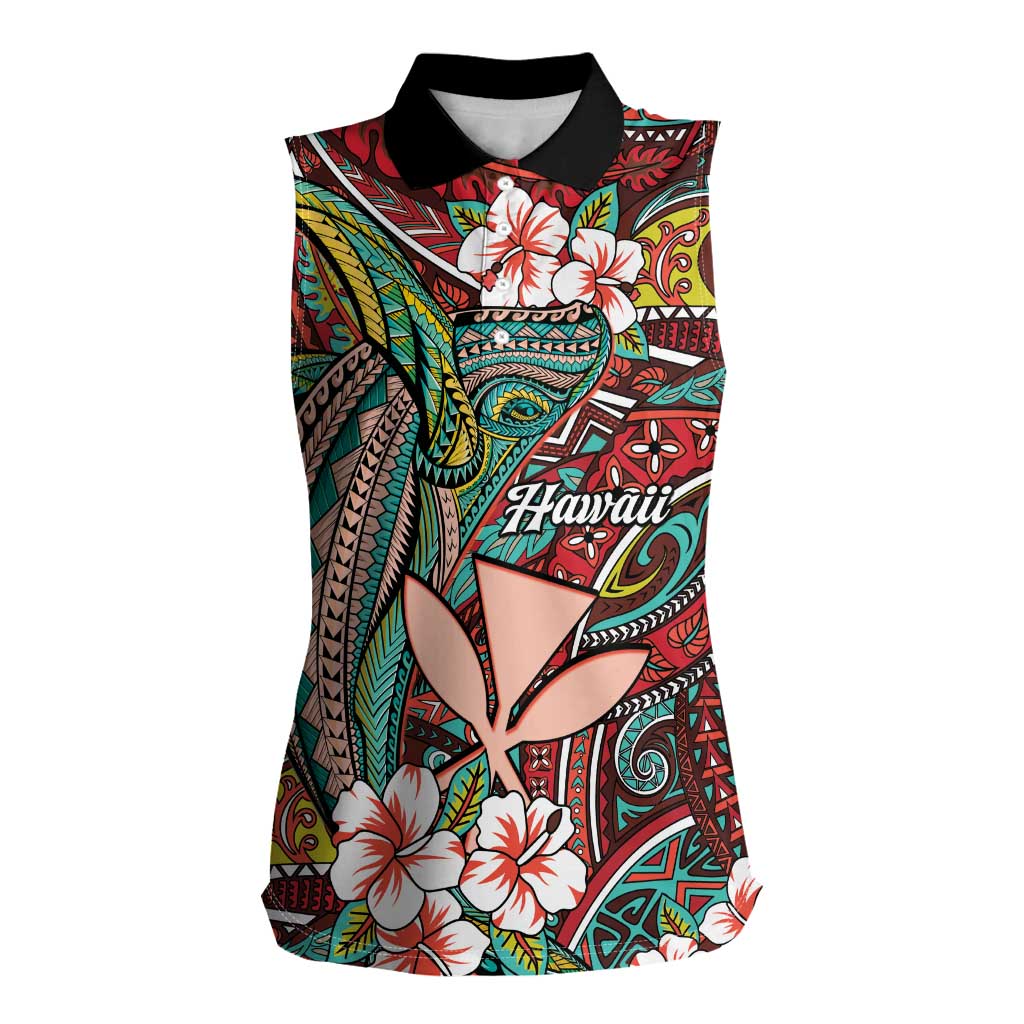 Personalised Hawaii Tribal Humpback Whale Women Sleeveless Polo Shirt Ulaula Hibiscus Seamless Pattern LT9 Female Red - Polynesian Pride