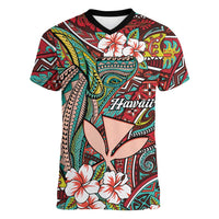 Personalised Hawaii Tribal Humpback Whale Women V-Neck T-Shirt Ulaula Hibiscus Seamless Pattern LT9 Female Red - Polynesian Pride