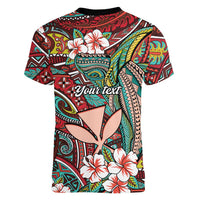 Personalised Hawaii Tribal Humpback Whale Women V-Neck T-Shirt Ulaula Hibiscus Seamless Pattern LT9 - Polynesian Pride