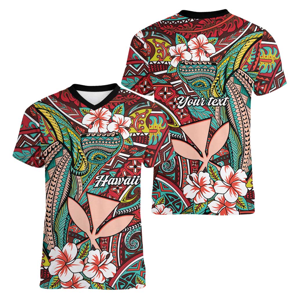 Personalised Hawaii Tribal Humpback Whale Women V-Neck T-Shirt Ulaula Hibiscus Seamless Pattern LT9 - Polynesian Pride