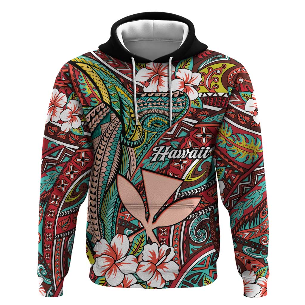 Personalised Hawaii Tribal Humpback Whale Zip Hoodie Ulaula Hibiscus Seamless Pattern LT9 Pullover Hoodie Red - Polynesian Pride