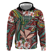 Personalised Hawaii Tribal Humpback Whale Zip Hoodie Ulaula Hibiscus Seamless Pattern LT9 Pullover Hoodie Red - Polynesian Pride