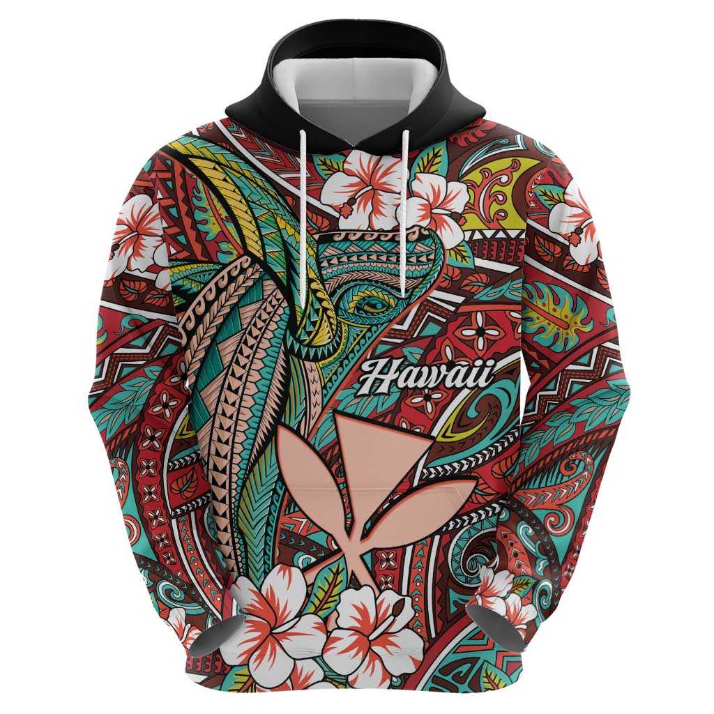 Personalised Hawaii Tribal Humpback Whale Zip Hoodie Ulaula Hibiscus Seamless Pattern LT9 - Polynesian Pride