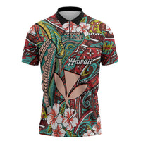 Personalised Hawaii Tribal Humpback Whale Zipper Polo Shirt Ulaula Hibiscus Seamless Pattern