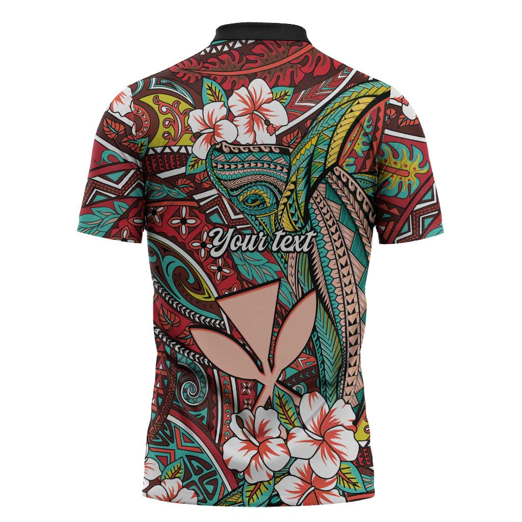 Personalised Hawaii Tribal Humpback Whale Zipper Polo Shirt Ulaula Hibiscus Seamless Pattern