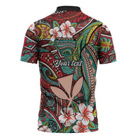 Personalised Hawaii Tribal Humpback Whale Zipper Polo Shirt Ulaula Hibiscus Seamless Pattern