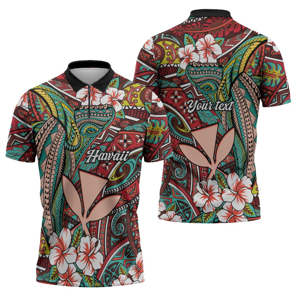 Personalised Hawaii Tribal Humpback Whale Zipper Polo Shirt Ulaula Hibiscus Seamless Pattern