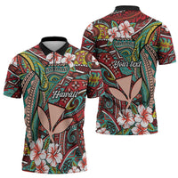 Personalised Hawaii Tribal Humpback Whale Zipper Polo Shirt Ulaula Hibiscus Seamless Pattern