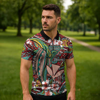 Personalised Hawaii Tribal Humpback Whale Zipper Polo Shirt Ulaula Hibiscus Seamless Pattern