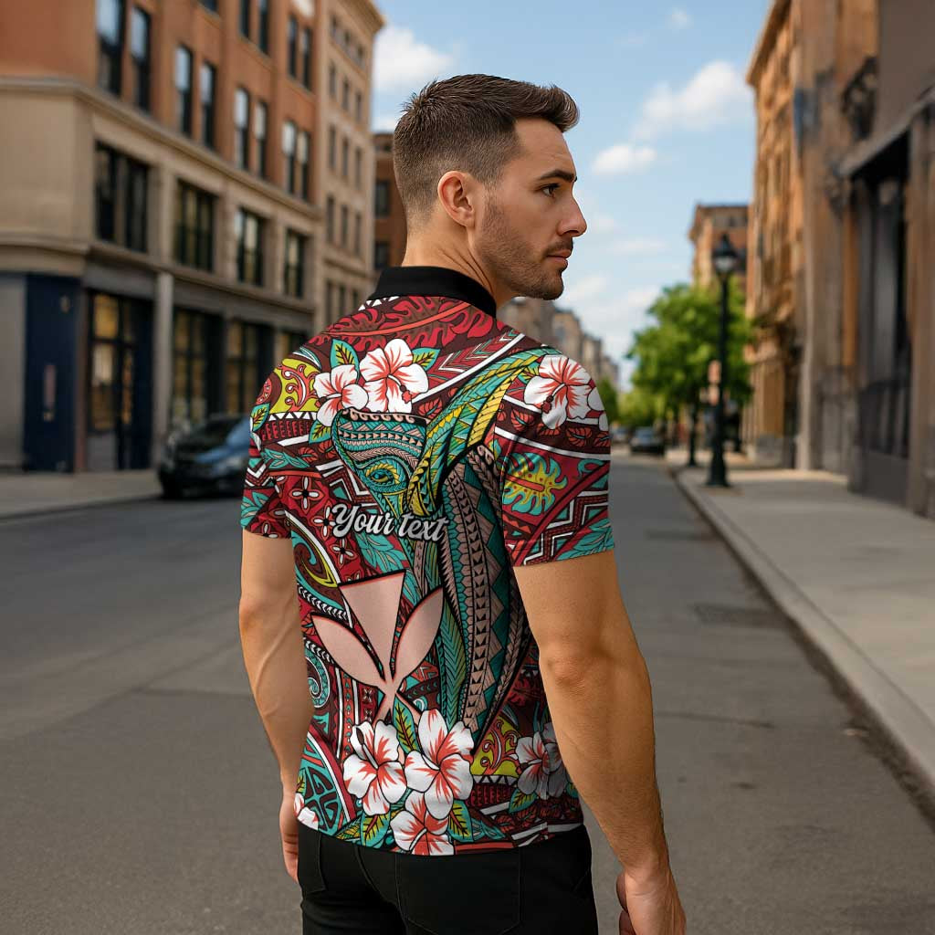 Personalised Hawaii Tribal Humpback Whale Zipper Polo Shirt Ulaula Hibiscus Seamless Pattern