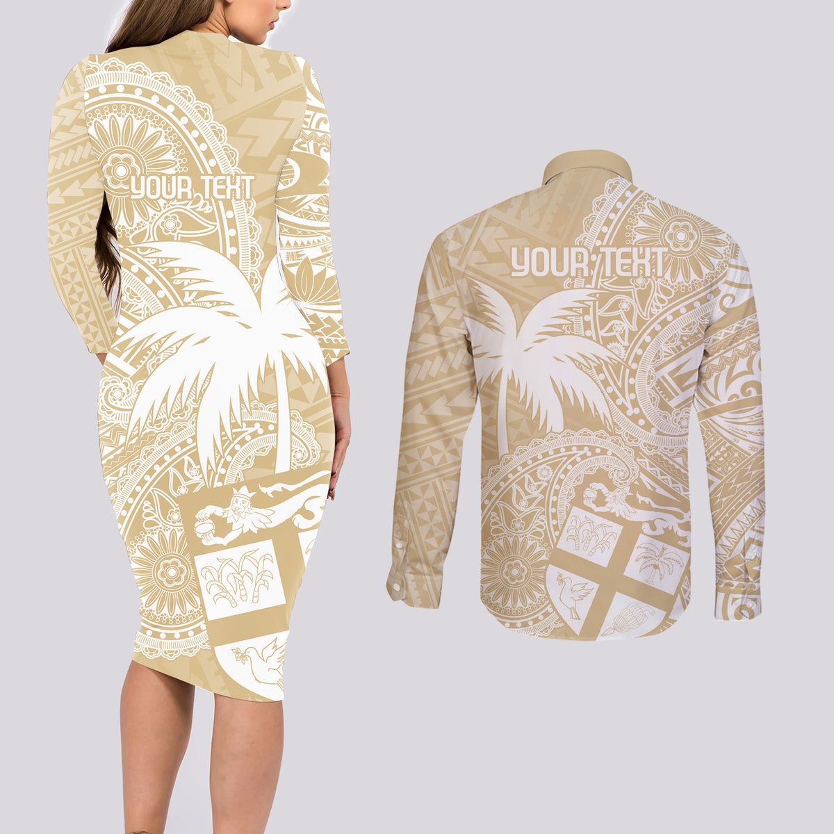 Custom Indo Fijians Couples Matching Long Sleeve Bodycon Dress and Long Sleeve Button Shirt Fiji ke Hindustani Polyneisan Paisley Beige Style