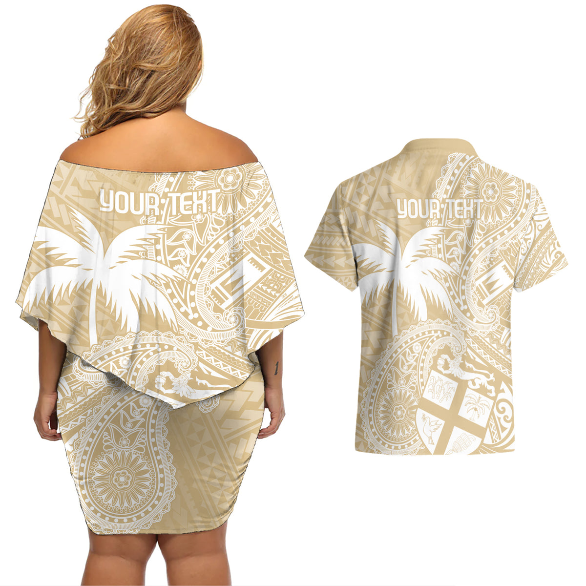 Custom Indo Fijians Couples Matching Off Shoulder Short Dress and Hawaiian Shirt Fiji ke Hindustani Polyneisan Paisley Beige Style