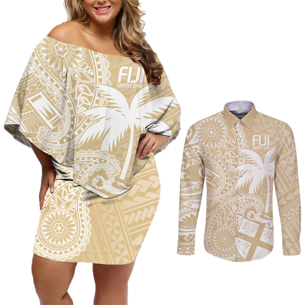 Custom Indo Fijians Couples Matching Off Shoulder Short Dress and Long Sleeve Button Shirt Fiji ke Hindustani Polyneisan Paisley Beige Style