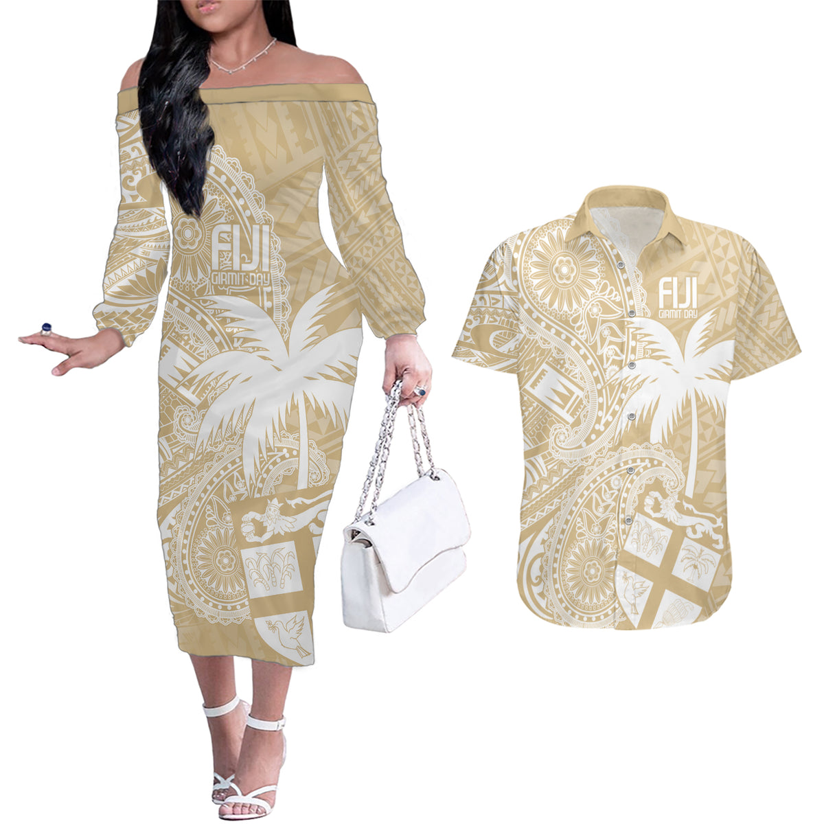 Custom Indo Fijians Couples Matching Off The Shoulder Long Sleeve Dress and Hawaiian Shirt Fiji ke Hindustani Polyneisan Paisley Beige Style