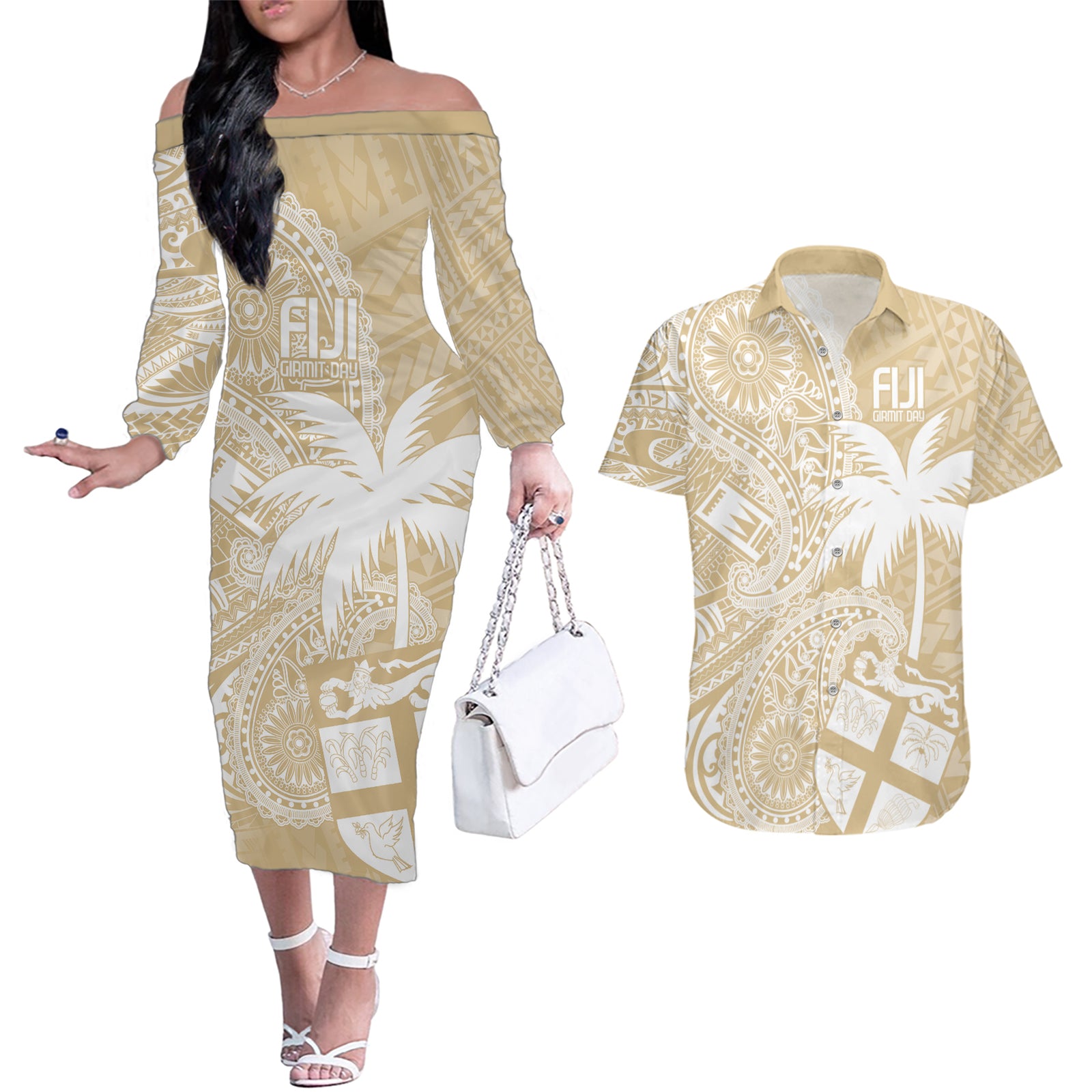 Custom Indo Fijians Couples Matching Off The Shoulder Long Sleeve Dress and Hawaiian Shirt Fiji ke Hindustani Polyneisan Paisley Beige Style