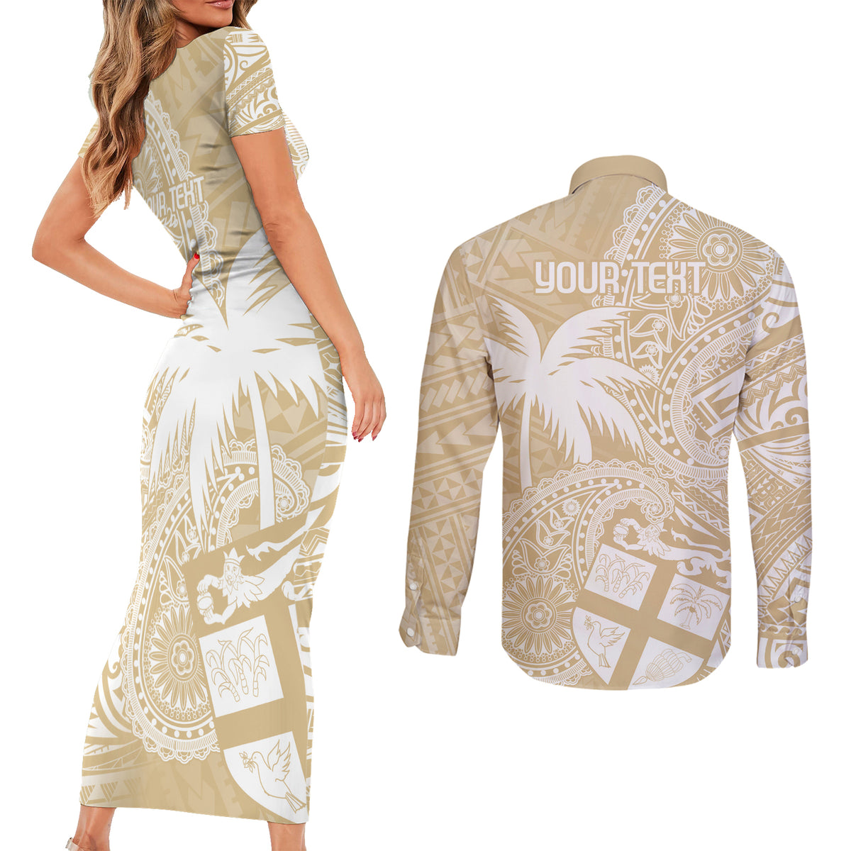 Custom Indo Fijians Couples Matching Short Sleeve Bodycon Dress and Long Sleeve Button Shirt Fiji ke Hindustani Polyneisan Paisley Beige Style