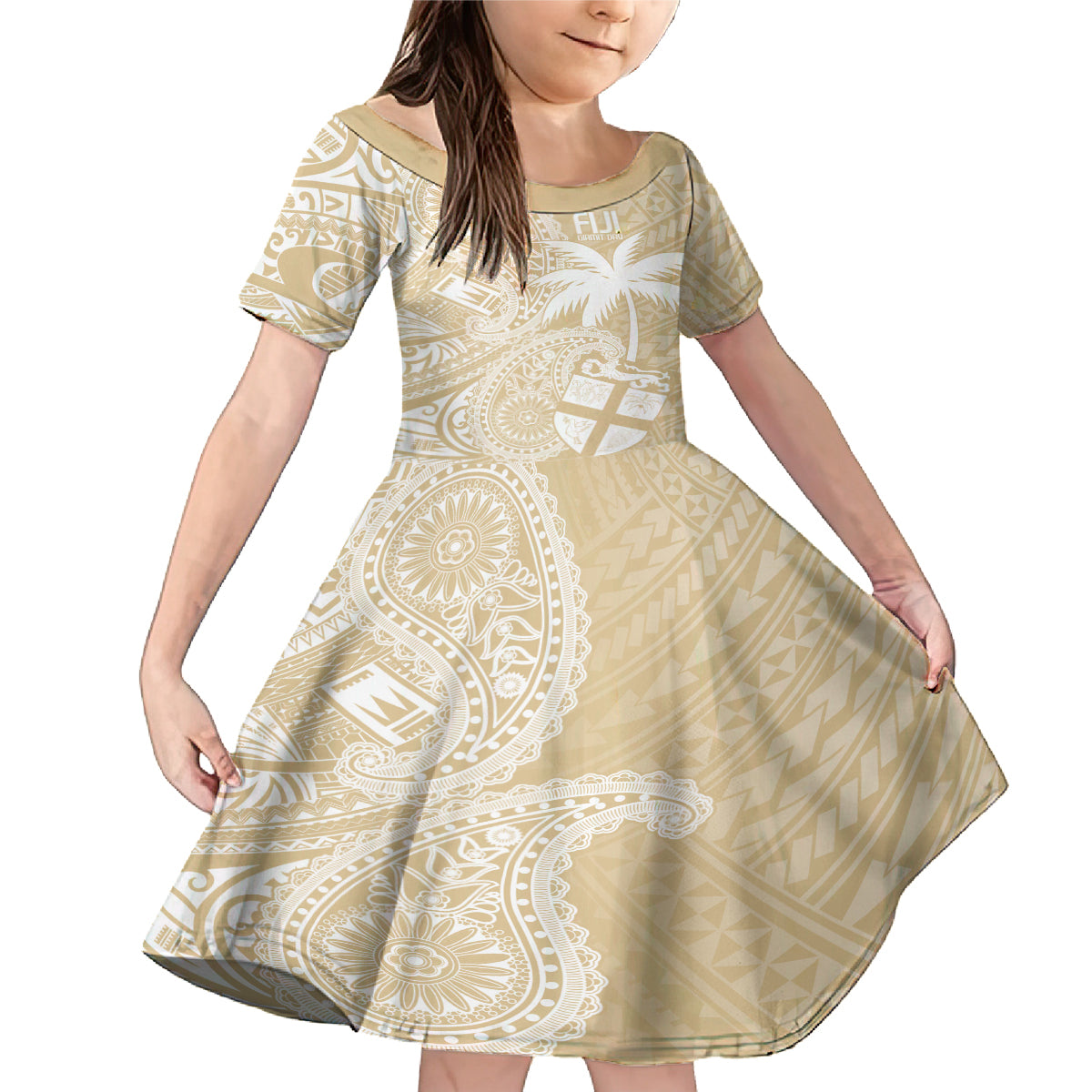 Custom Indo Fijians Family Matching Mermaid Dress and Hawaiian Shirt Fiji ke Hindustani Polyneisan Paisley Beige Style