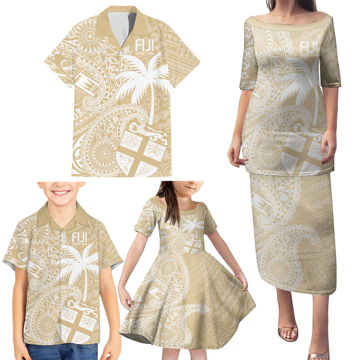 Custom Indo Fijians Family Matching Puletasi and Hawaiian Shirt Fiji ke Hindustani Polyneisan Paisley Beige Style