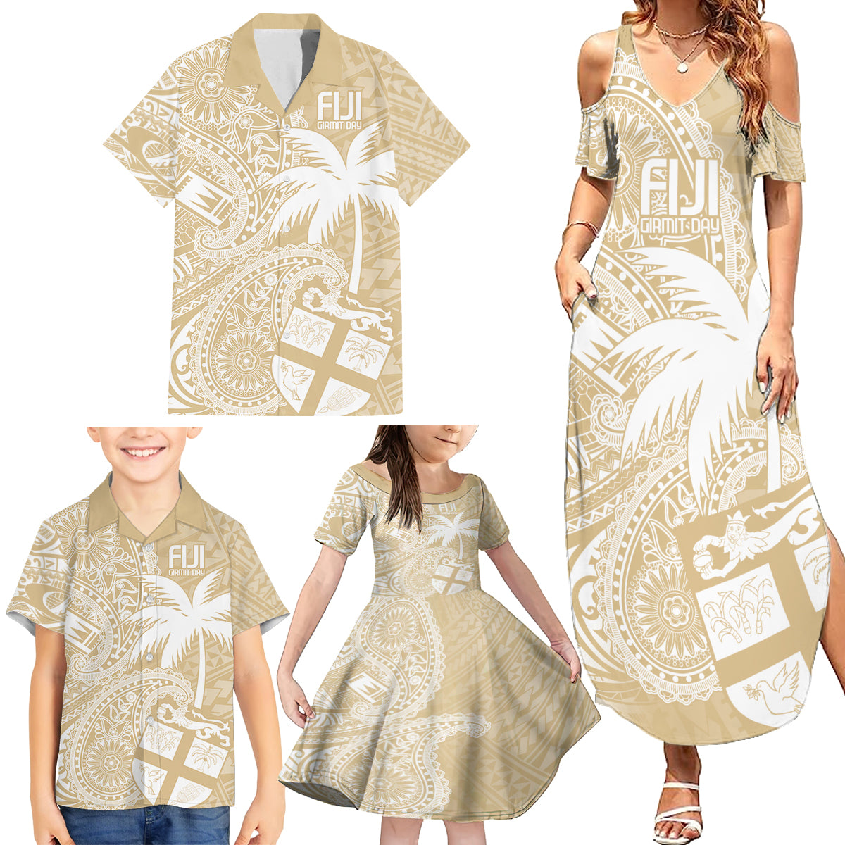 Custom Indo Fijians Family Matching Summer Maxi Dress and Hawaiian Shirt Fiji ke Hindustani Polyneisan Paisley Beige Style