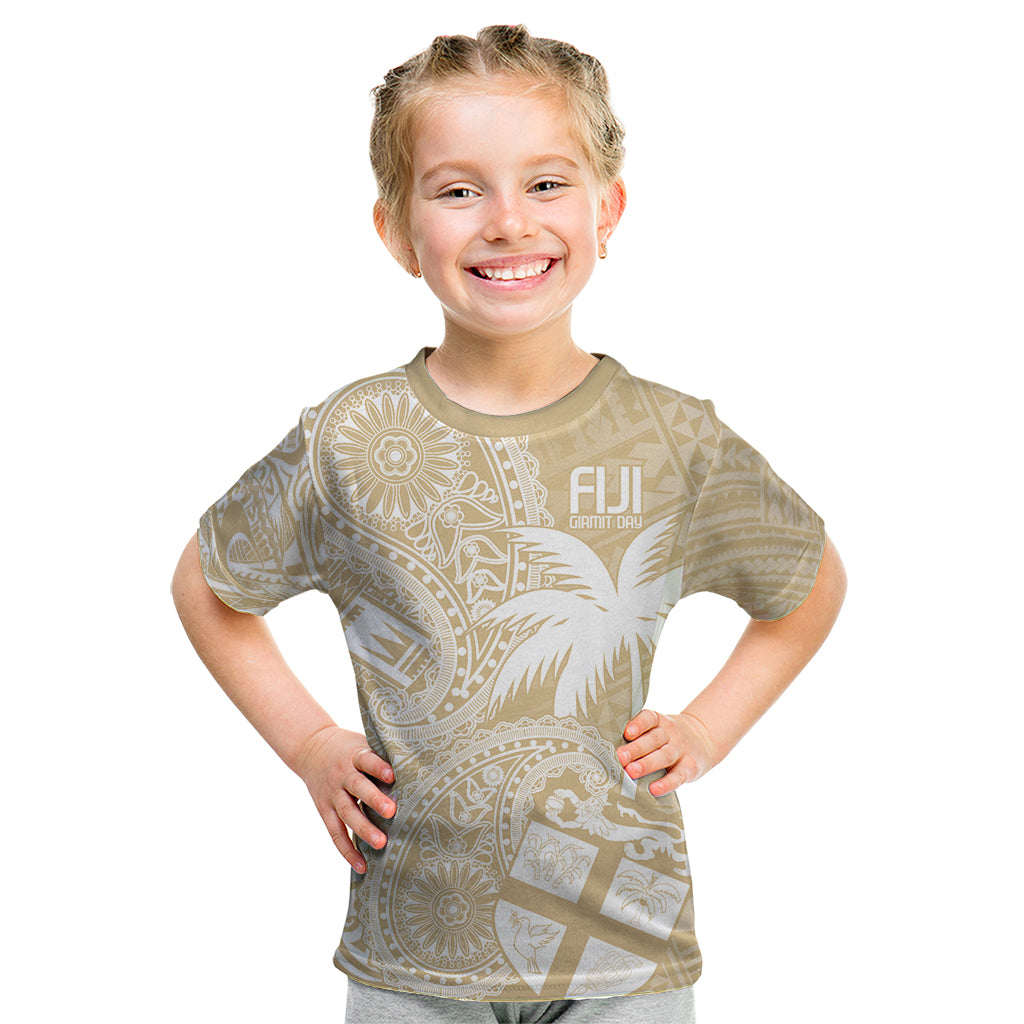 Custom Indo Fijians Kid T Shirt Fiji ke Hindustani Polyneisan Paisley Beige Style