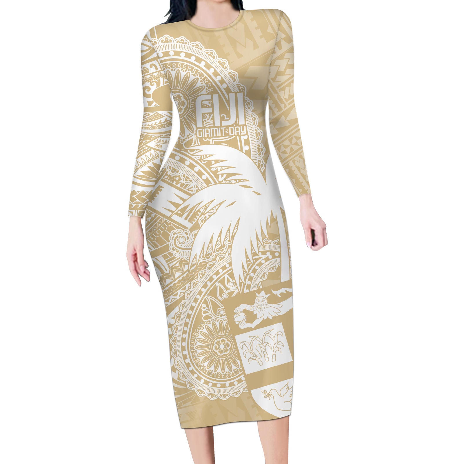 Custom Indo Fijians Long Sleeve Bodycon Dress Fiji ke Hindustani Polyneisan Paisley Beige Style