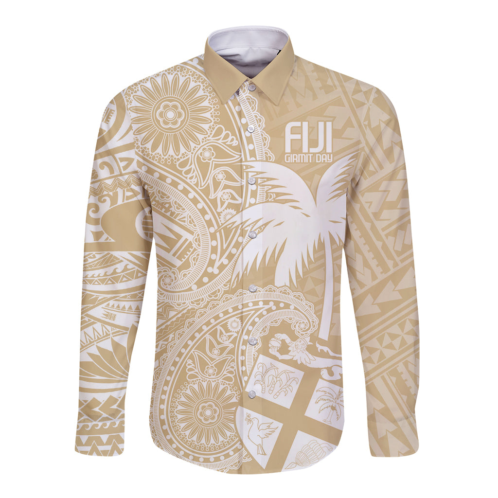 Custom Indo Fijians Long Sleeve Button Shirt Fiji ke Hindustani Polyneisan Paisley Beige Style