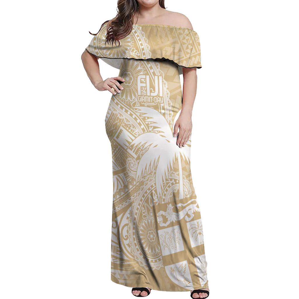 Custom Indo Fijians Off Shoulder Maxi Dress Fiji ke Hindustani Polyneisan Paisley Beige Style