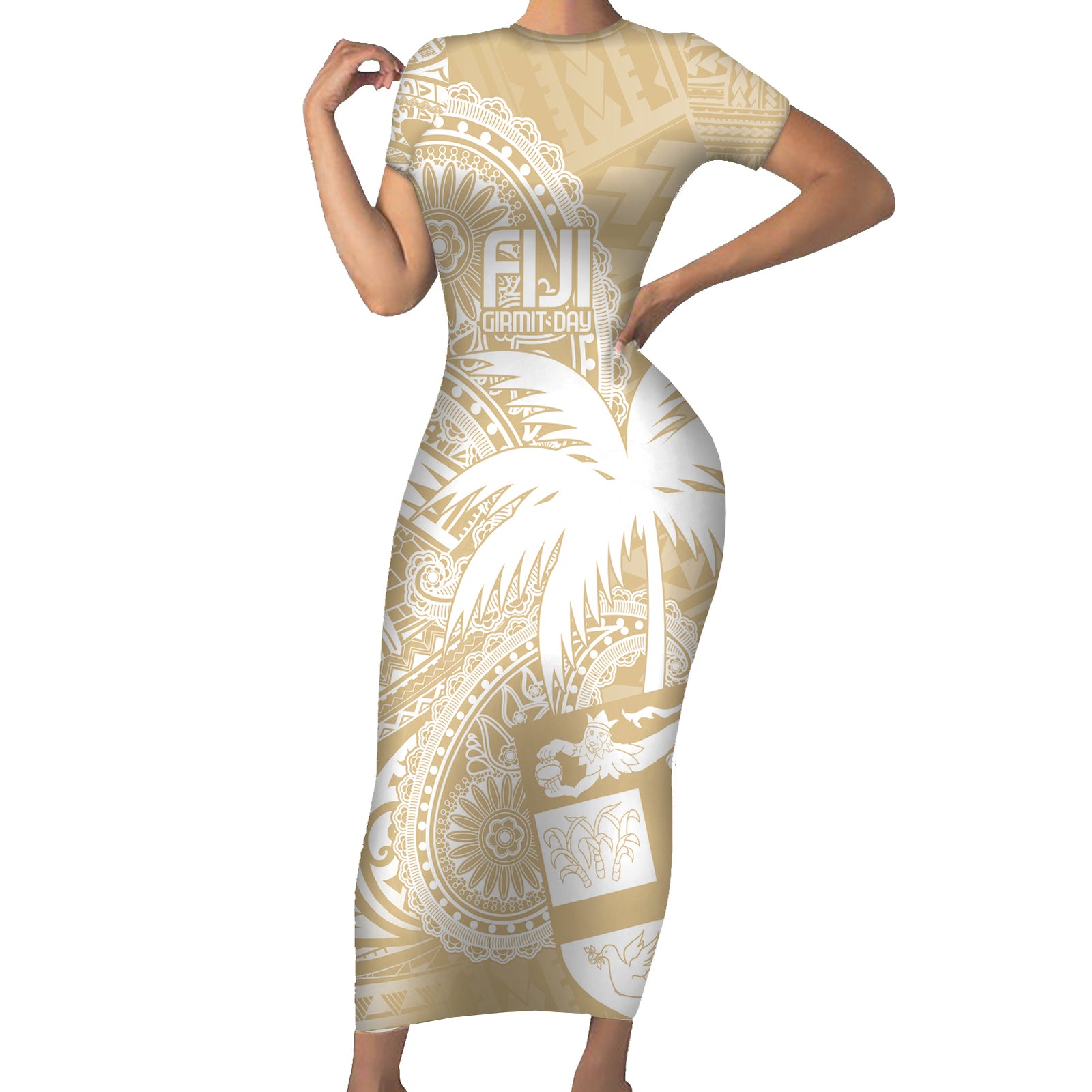 Custom Indo Fijians Short Sleeve Bodycon Dress Fiji ke Hindustani Polyneisan Paisley Beige Style