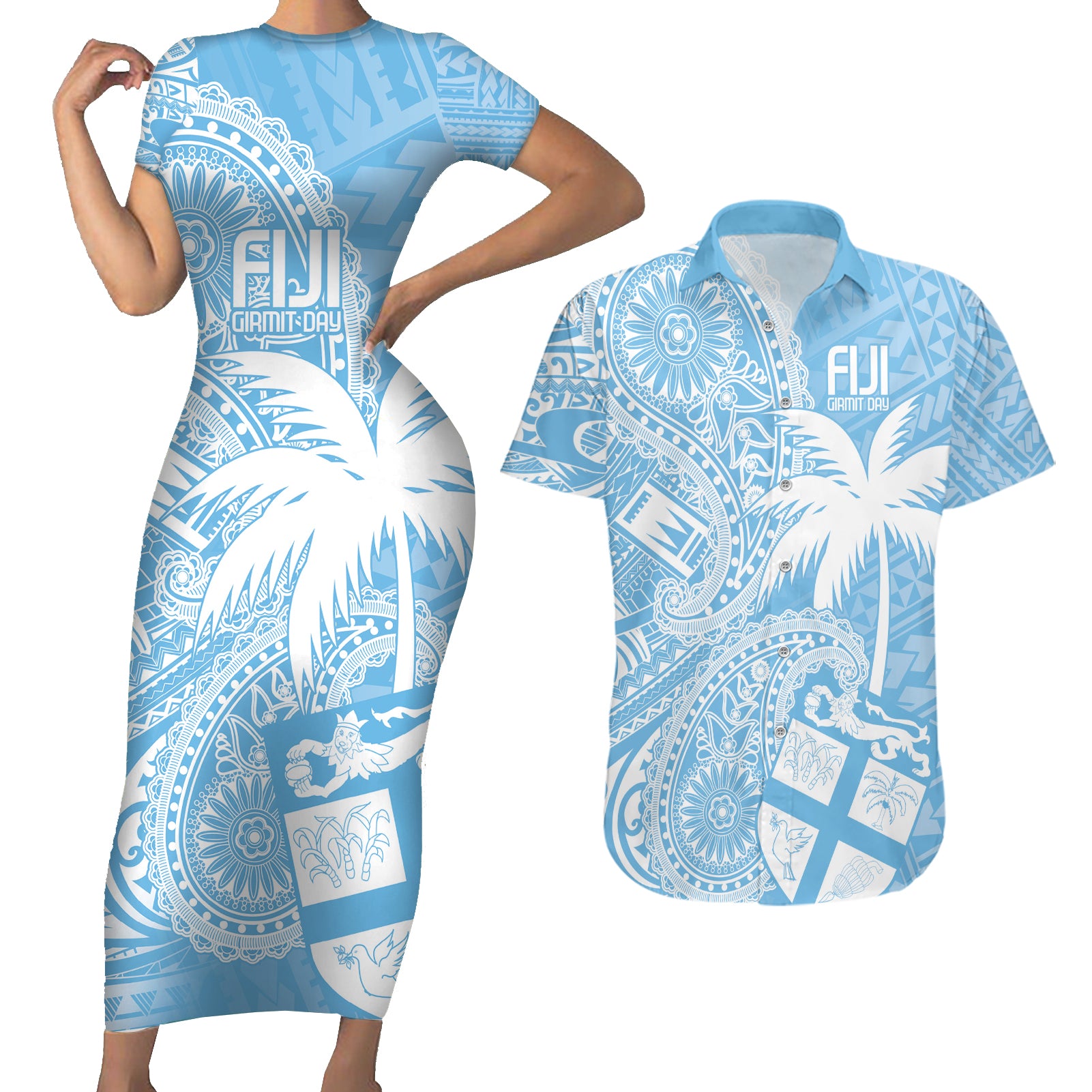 Custom Indo Fijians Couples Matching Short Sleeve Bodycon Dress and Hawaiian Shirt Fiji ke Hindustani Polyneisan Paisley Blue Style