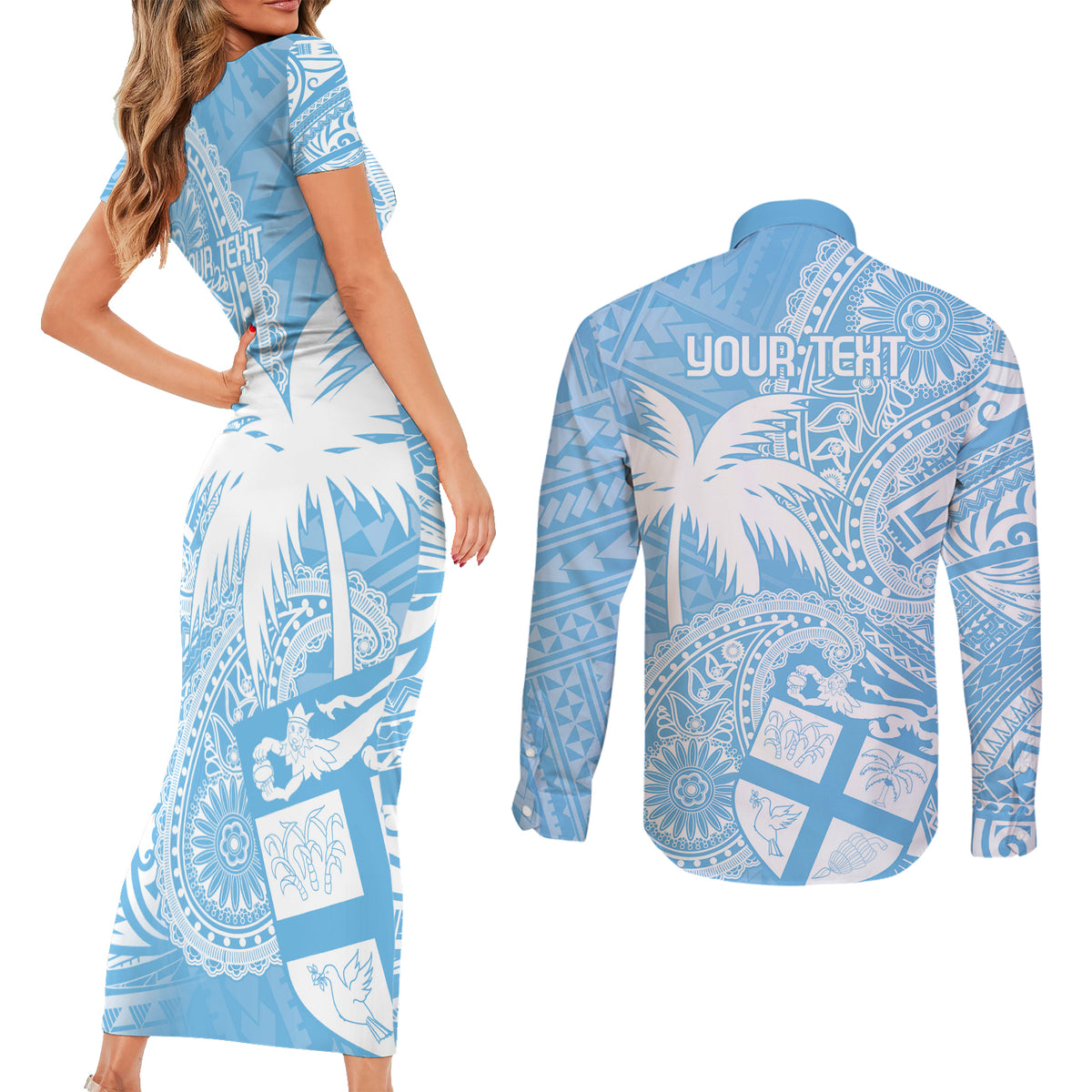 Custom Indo Fijians Couples Matching Short Sleeve Bodycon Dress and Long Sleeve Button Shirt Fiji ke Hindustani Polyneisan Paisley Blue Style