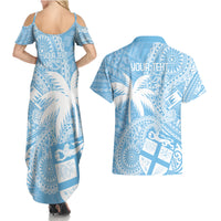 Custom Indo Fijians Couples Matching Summer Maxi Dress and Hawaiian Shirt Fiji ke Hindustani Polyneisan Paisley Blue Style