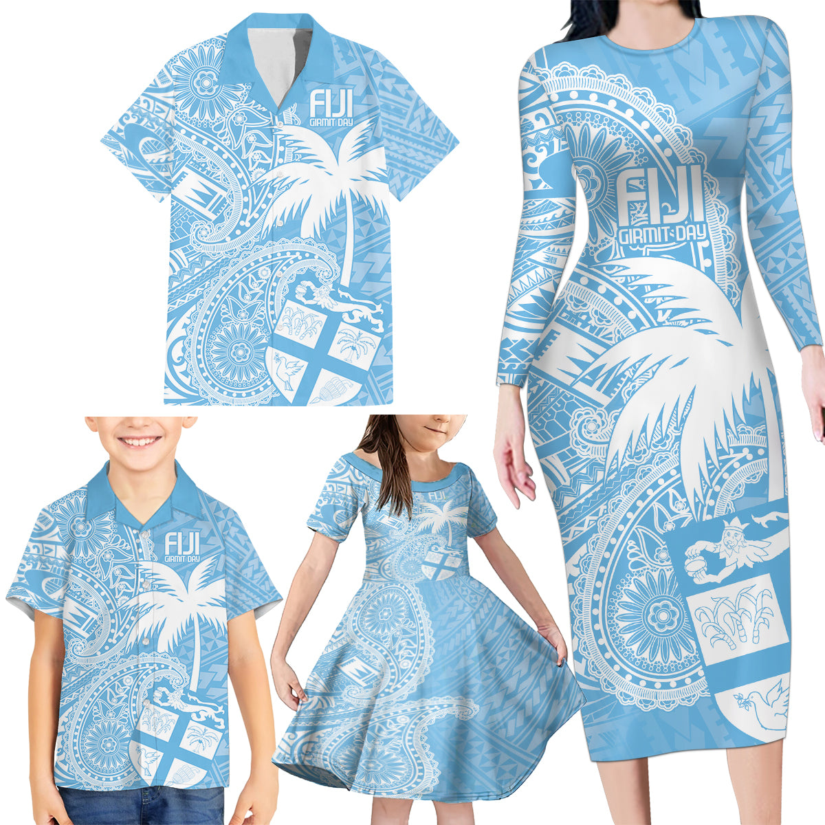 Custom Indo Fijians Family Matching Long Sleeve Bodycon Dress and Hawaiian Shirt Fiji ke Hindustani Polyneisan Paisley Blue Style