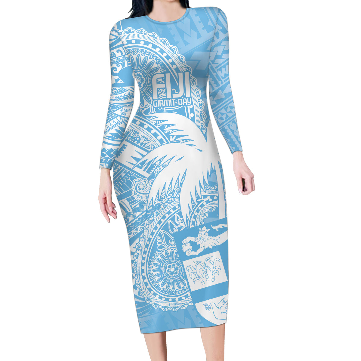 Custom Indo Fijians Family Matching Long Sleeve Bodycon Dress and Hawaiian Shirt Fiji ke Hindustani Polyneisan Paisley Blue Style