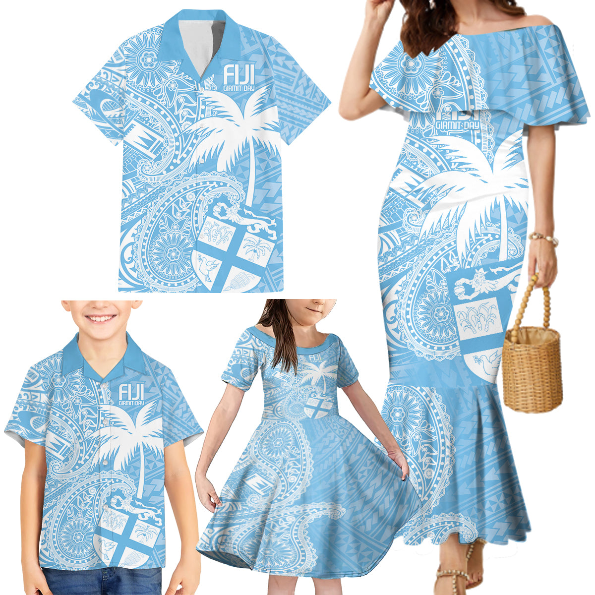 Custom Indo Fijians Family Matching Mermaid Dress and Hawaiian Shirt Fiji ke Hindustani Polyneisan Paisley Blue Style