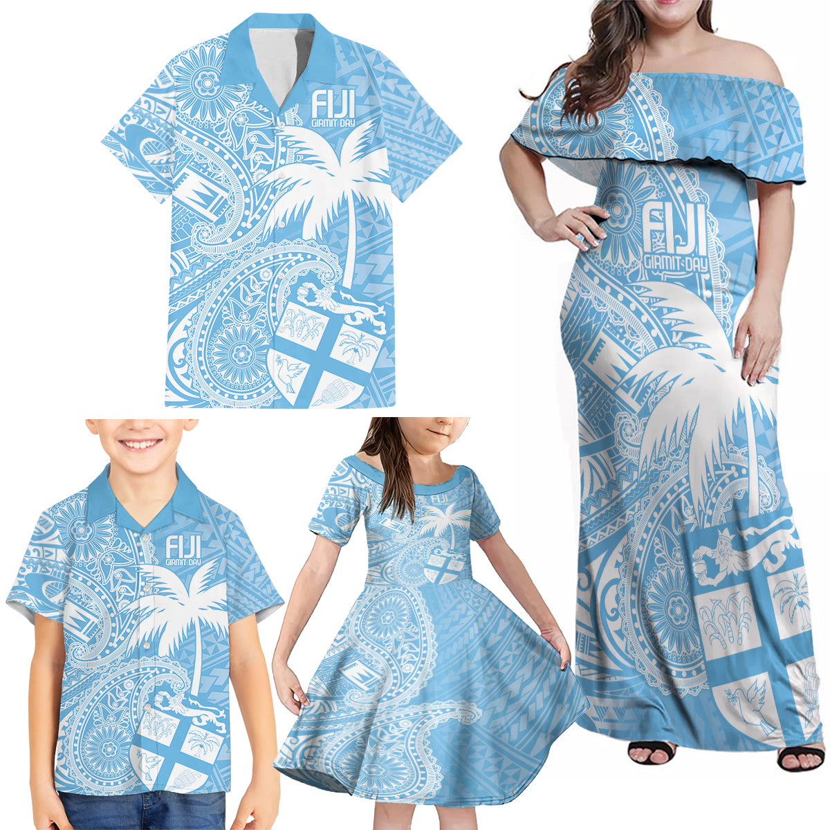 Custom Indo Fijians Family Matching Off Shoulder Maxi Dress and Hawaiian Shirt Fiji ke Hindustani Polyneisan Paisley Blue Style