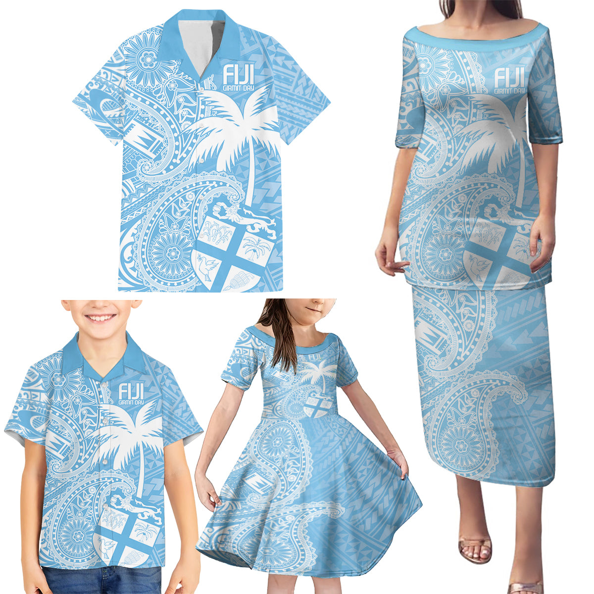 Custom Indo Fijians Family Matching Puletasi and Hawaiian Shirt Fiji ke Hindustani Polyneisan Paisley Blue Style