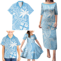 Custom Indo Fijians Family Matching Puletasi and Hawaiian Shirt Fiji ke Hindustani Polyneisan Paisley Blue Style