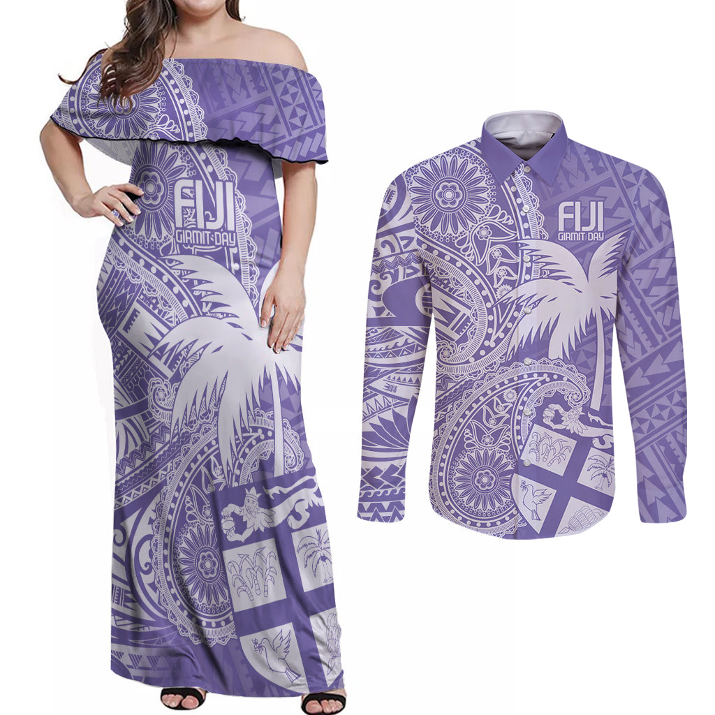 Custom Indo Fijians Couples Matching Off Shoulder Maxi Dress and Long Sleeve Button Shirt Fiji ke Hindustani Polyneisan Paisley Purple Style