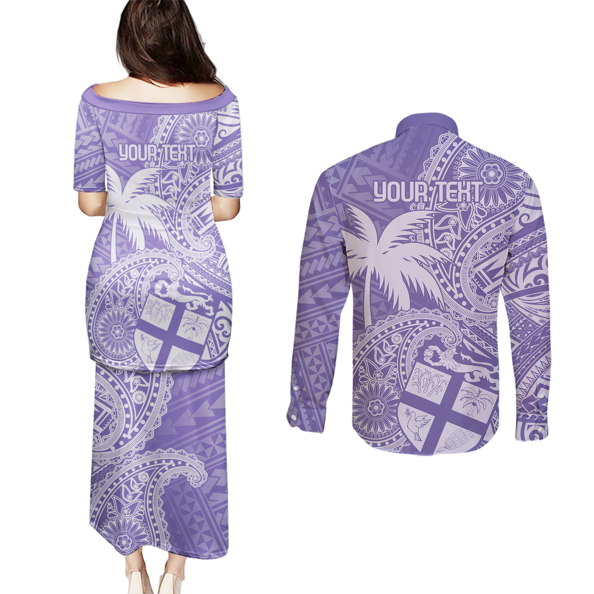 Custom Indo Fijians Couples Matching Puletasi and Long Sleeve Button Shirt Fiji ke Hindustani Polyneisan Paisley Purple Style