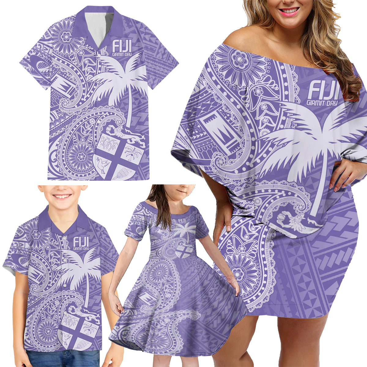 Custom Indo Fijians Family Matching Off Shoulder Short Dress and Hawaiian Shirt Fiji ke Hindustani Polyneisan Paisley Purple Style