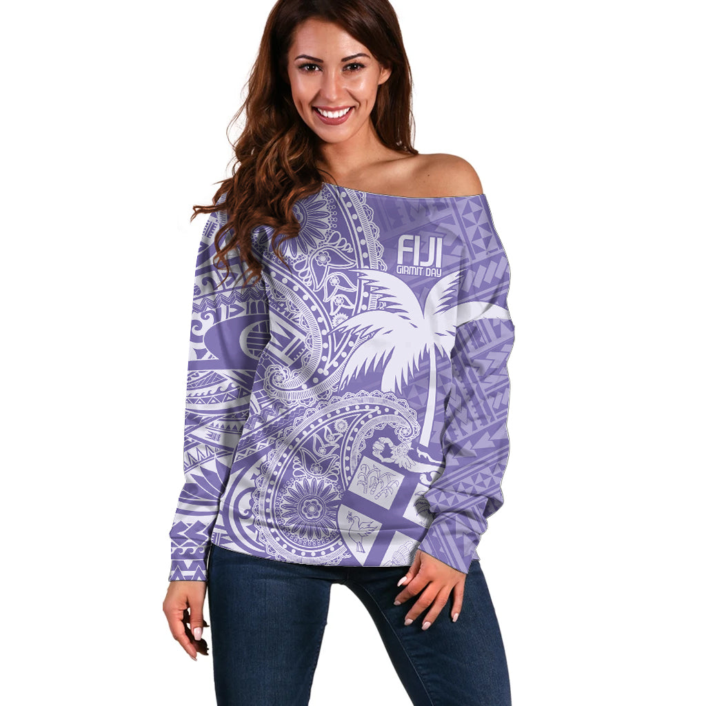 Custom Indo Fijians Off Shoulder Sweater Fiji ke Hindustani Polyneisan Paisley Purple Style