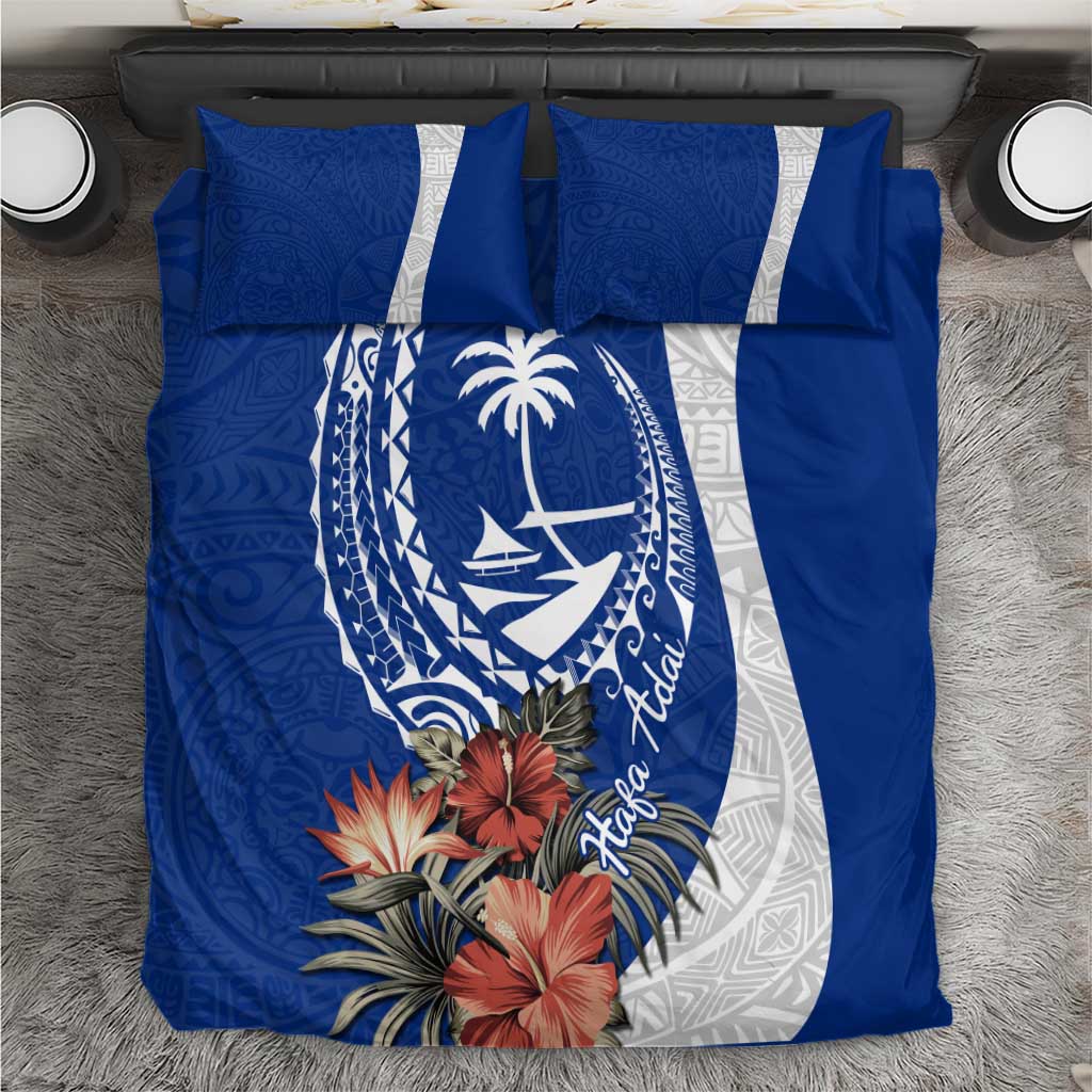 Blue Guam Hafa Adai Bedding Set Tropical Flowers with Polynesian Pattern