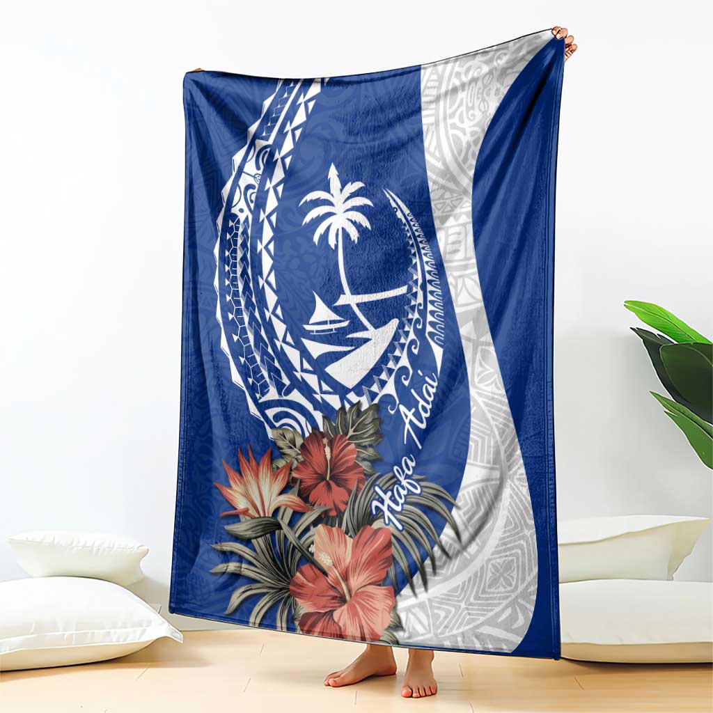 Blue Guam Hafa Adai Blanket Tropical Flowers with Polynesian Pattern